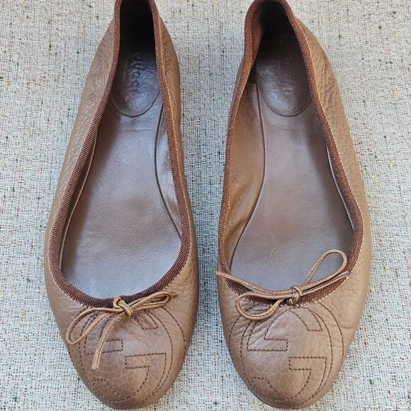 Gucci Women sandal Flat Brown Leather Upper G Logo Ballet Shoe Made Italy 38.5 - Picture 2 of 12